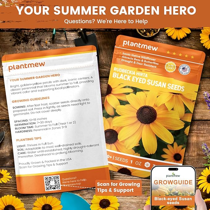Black Eyed Susan Seeds for Planting | 30,000+ Heirloom Seeds, Non-GMO 1oz Flower Seeds for Garden, Borders & Containers | Sunflower Companion Wildflower Seeds to Attract Pollinators