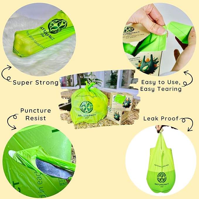 Extra Thick 1 MIL Compostable Trash Bags with Handles, 2.6 Gallon - Heavy Duty, Ultra Durable, Leak Proof, Kitchen Compost Bin Compatible, 50 Count, Handle-Tie