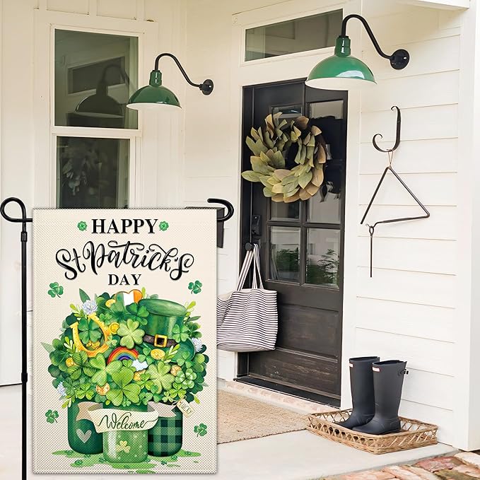 St Patrick's Day Garden Flag for Outside 12x18 Inch Double Sided Irish Welcome Garden Flag Green Shamrock Mason Jar Lucky Garden Flags for Outdoor Indoor House Yard Holiday Signs Decorations