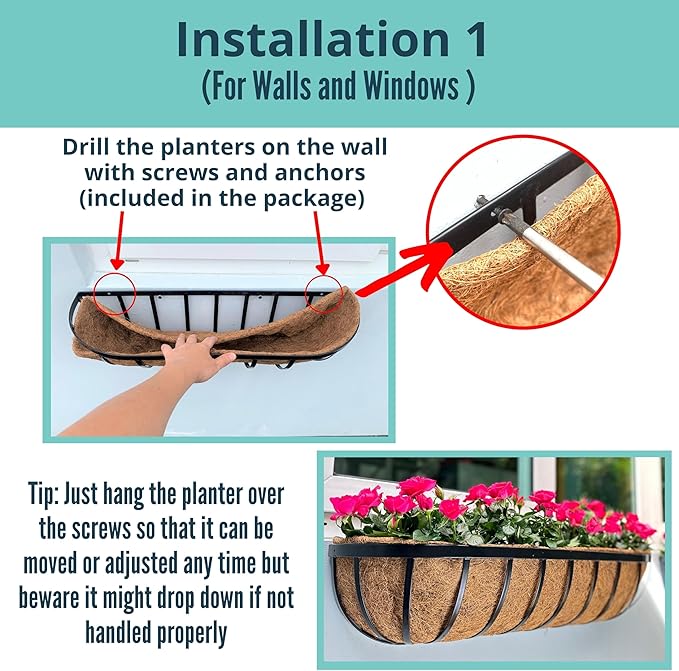 LaLaGreen Deck Railing Planter Boxes - 30 Inch, 4 Pack Wall Planters for Outdoor Plants, Window Flower Boxes Deck Railings with Coco Liners Metal Horse Troughs Fence Balcony Patio Porch Over Rail