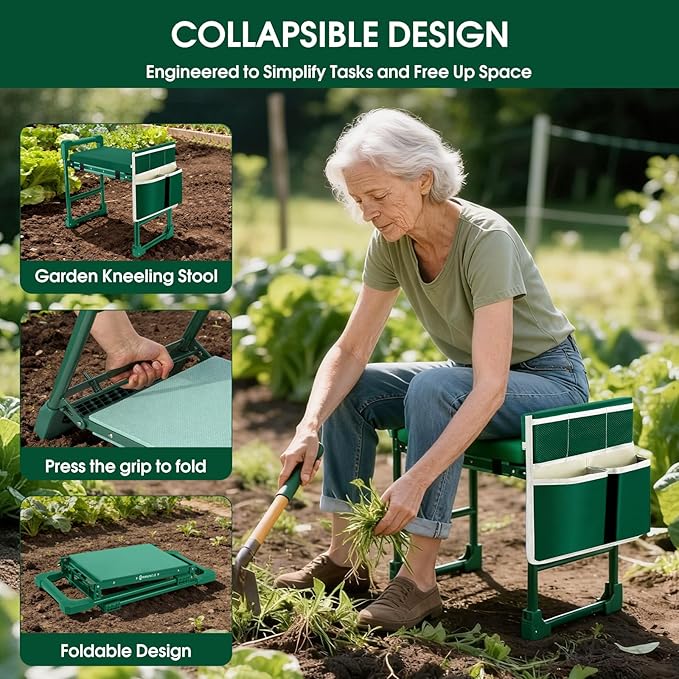 Garden Kneeler and Seat for Seniors: Heavy Duty 420 LBS Support Anti-Tip Multifunctional Gardening Stool Bench with Widened Thick Soft Kneeling Pad &Tool Bag - Foldable for Gardeners