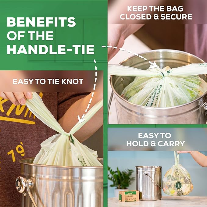 ANECO 100% Compostable Food Waste Bags 1.6 Gallon With Handles (30 Count), Small Compost Bags for Countertop Bin, OK Compost HOME & BPI Certified Compostable Kitchen Food Waste Bags