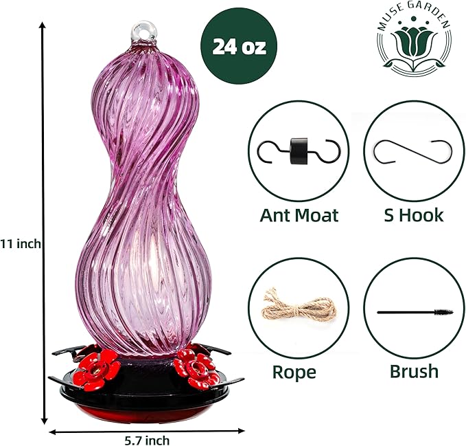 Hummingbird Feeder for Outdoors Hanging, Hand Blown Glass 24 OZ Capacity Hummingbird Bird Nectar Feeders with 4 Feeding Ports, Gifts for Women Mom Outside Garden Backyard Decor