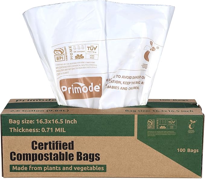 Primode Compostable Bags, 2.6 Gallon Food Scraps Yard Waste Bags, 100 Count, Extra Thick 0.71 Mil. ASTMD6400 Compost Bags Small Kitchen Trash Bags, Certified By BPI And TÜV AUSTRIA