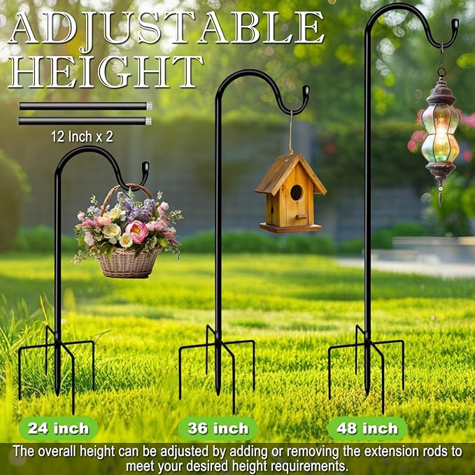Shepherds Hooks for Outdoor 48 Inch Garden Bird Feeder Pole with 5 Prongs Base Adjustable for Hanging Flower Basket Plant Pot Solar Lantern Light Wind Chime Hanger for Wedding Decor 2 Pack