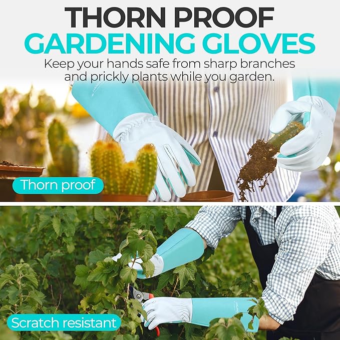 HANDLANDY Long Gardening Gloves for Men & Women, Thorn Proof Rose Pruning Gloves Leather Gauntlets Garden Glove Yard Work Glove (Teal Green, Large)