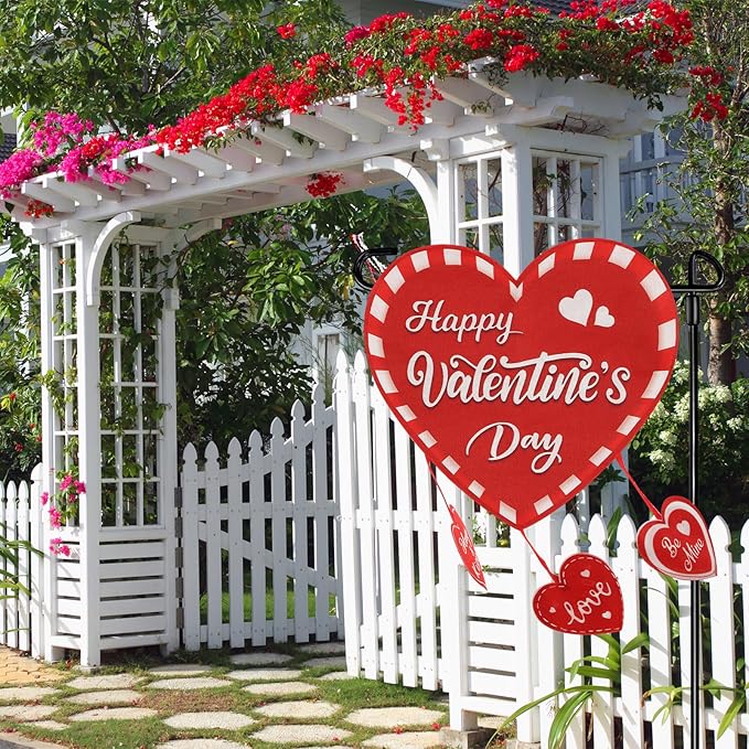 Valentine Garden Flag Banner Outdoor Decorations for Outside Double-Sided Printed, Pink Red White Heart Valentine's Day Yard Flags House Yard Spring Seasonal Decoration 16 x 39.5 Inch Striped Plaid