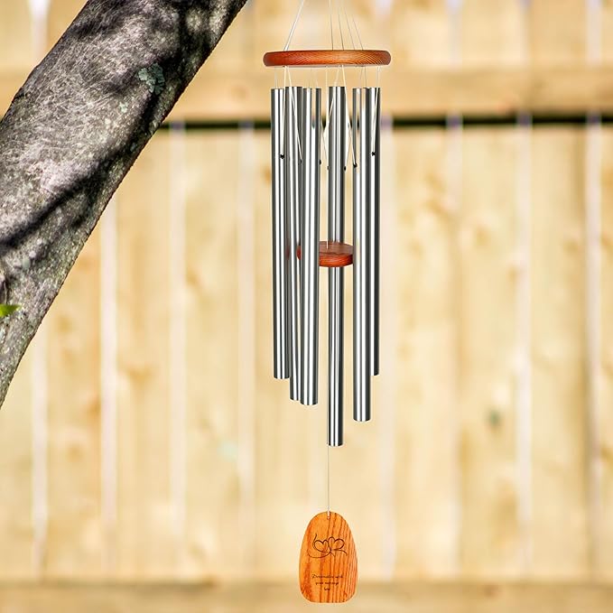 Woodstock Wind Chimes Personalized Amazing Grace Memorial Chime for Outside 40'' Large Silver Customized Double Heart Wind Chime for Outdoor Patio Home Garden Decor & Wedding Gift (P-AGLS15)