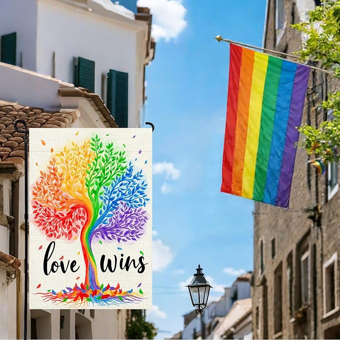 Pride Garden Flag 12x18 Inch, Rainbow Tree Love Wins Double Sided Flag for Yard Outdoor Decoration