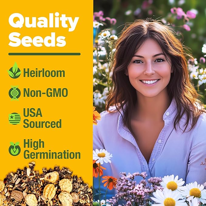 Home Grown Premium Wildflower Seeds Bulk - 60,600+ Perennial Flower Seeds Mix for Planting Outdoors - 24 Variety Wildflower Seed Mix - Attracts Bees, Butterflies & Birds - 2oz Wild Flower Seeds