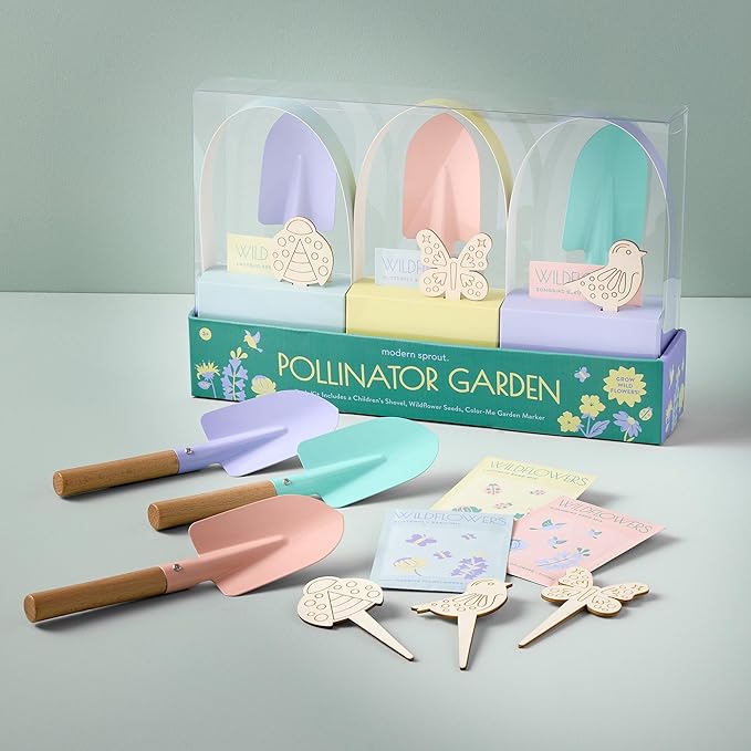 Modern Sprout Pollinator Garden Gift Set - Easter Gifts for Kids, Educational Gardening Tools for Little Gardeners - Eco-Friendly Kids Gardening Set w/Trowel, Wooden Markers & Wildflower Seeds (3pk)