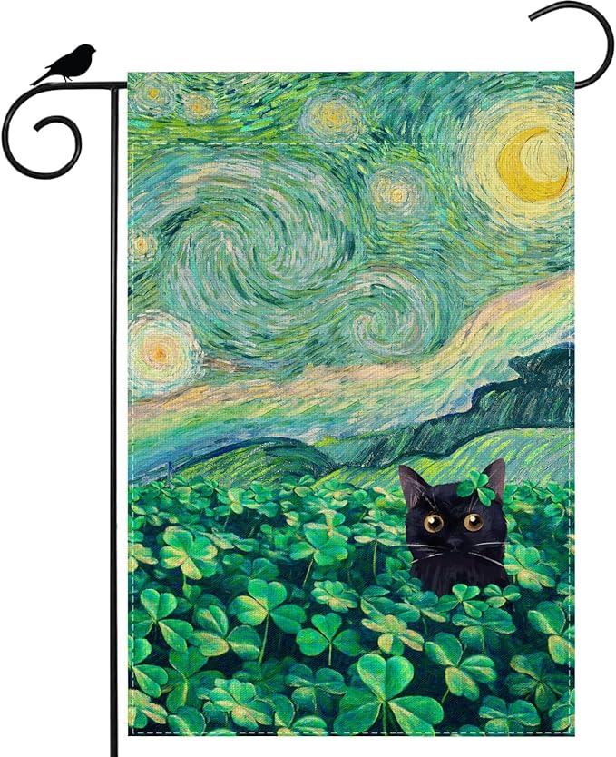Shamrocks Clovers Cat Oil Painting Starry Night Sky Moon St. Patrick's Day Garden Flag 12x18 Inch Double Sided Small Mini Yard Flag Outdoor Outside Holiday Party Decoration