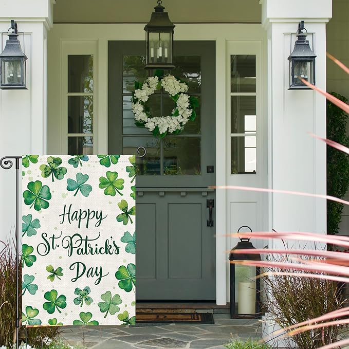 Louise Maelys Happy St Patrick's Day Garden Flag Shamrock Clover 12x18 Inch Double Sided Watercolor Small Burlap Welcome Saint Patricks Spring Holiday Yard Outdoor Sign Outside House Decor