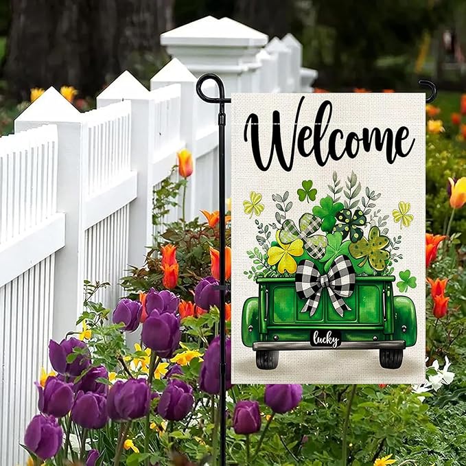 St Patricks Day Truck Garden Flag 12x18 Inch Double Sided Outside Shamrocks Clovers Welcome Yard Flag for Outdoor Farmhouse Holiday Outside Decoration