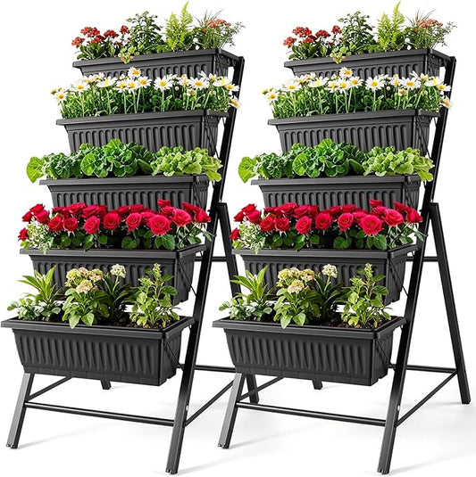 SEJOV 2 Pack Vertical Raised Garden Bed, 5 Tiers Elevated Planter Box for Herbs Vegetables Flowers, Graden Vertical Planter with Drainage System for Patio Balcony Garden Outdoor Indoor Plants, Black