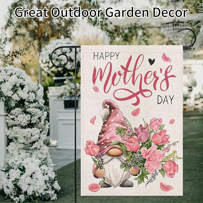 Mother's Day Garden Flag 12x18 Inch - Cute Gnome with Pink Flower Bouquet, Double-Sided "Happy Mother's Day" Outdoor Decor for Patio Yard Mom Gifts
