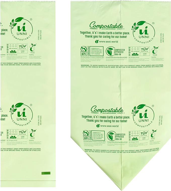 UNNI Compostable Trash Bags, 8 Gallon / 30 Liter, 100 Count, Extra Thick 0.85 mil Medium Kitchen Food Scrap Bin Liners, Certified by BPI, CMA & OK compost HOME, Meets the ASTM D6400 Standard