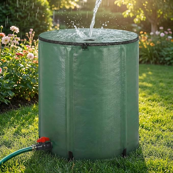 50 Gallon Collapsible Rain Barrel, Foldable 500D PVC Rainwater Collection Barrel with Spigot, Top Mesh and Overflow Valve, Portable Water Storage Tank for Gutter Downspout, Garden Watering