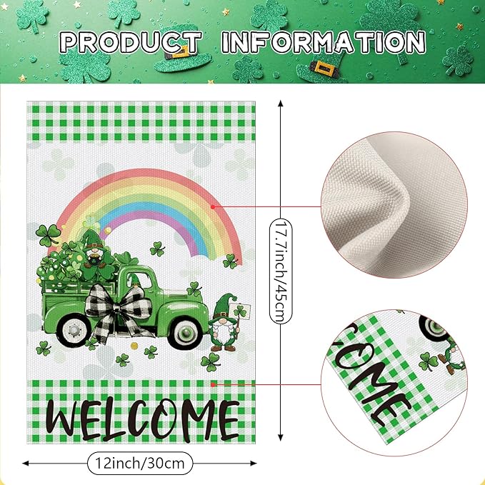 St Patrick's Day Garden Flag, 12x18 Inch Lucky Clovers Bow Double Sided Flag for Courtyard Decoration, St Patrick's Day Cute Truck Gnome Outside Banner Party Decorations for Home