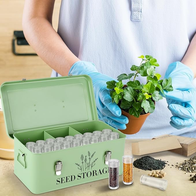 60 Slots Seed Storage Box with 4 Dividers, Metal Seed Storage Organizer Saving Box, Seeds Packet Container, Professional All-in-one Kit with 60 Seeds Envelopes and Label Stickers