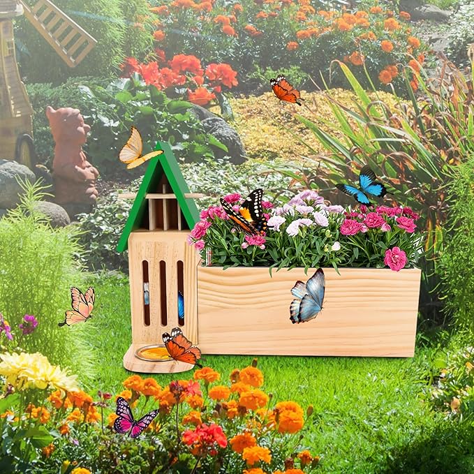 Butterfly House and Feeder with Flower Pot, Wooden Butterfly House for Garden, 3 in 1 with Drainage Holes, Natural Butterfly Habitat for Garden Decoration
