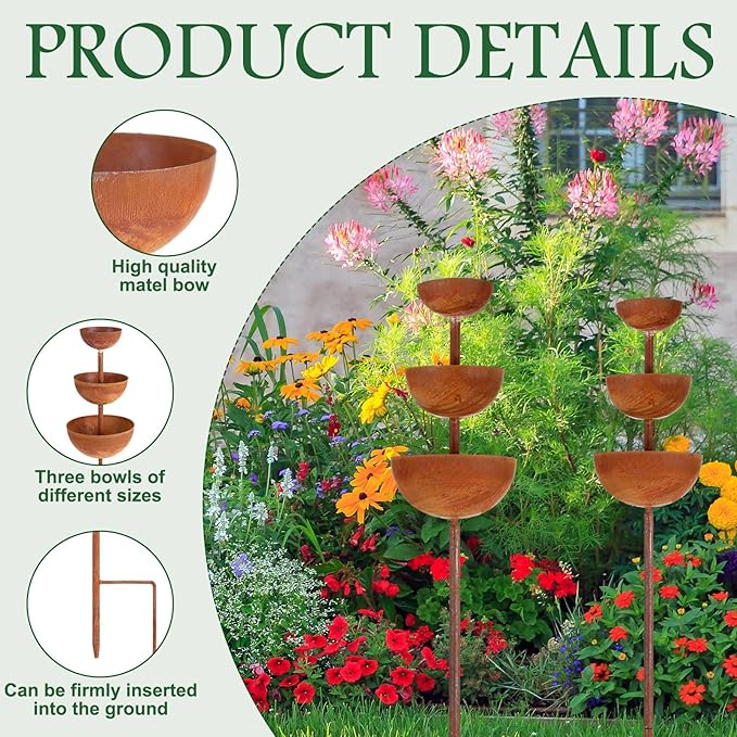 LemonRoad 2 Pack Rusty Metal Bee Watering Station 3 Tiered Bowl Shaped Butterfly Water Feeder Bee Bath Water Catcher Cup Garden Stakes for Small Insects Outdoor Garden Decor(Brown,Bowl)