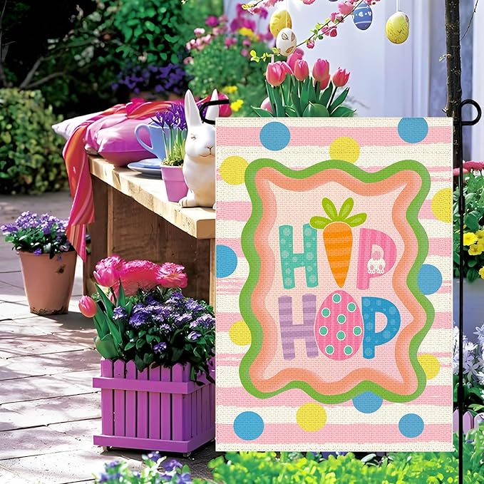 Easter Garden Flag Double Sided 12x18 inch, Hip Hop Bunny Decorative Yard Outdoor Home Small Decor, Stripes Polka Dots Farmhouse Burlap Outside House Decoration Spring Holiday Decor
