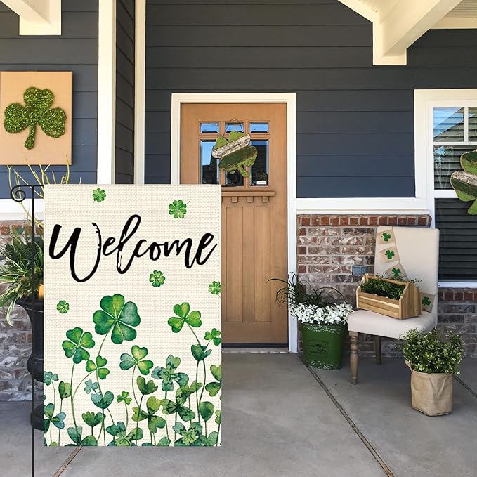 AVOIN colorlife St Patricks Day Garden Flag 12x18 Inch Double Sided Outside, Shamrocks Four-leaf Clovers Welcome Yard Outdoor Flag
