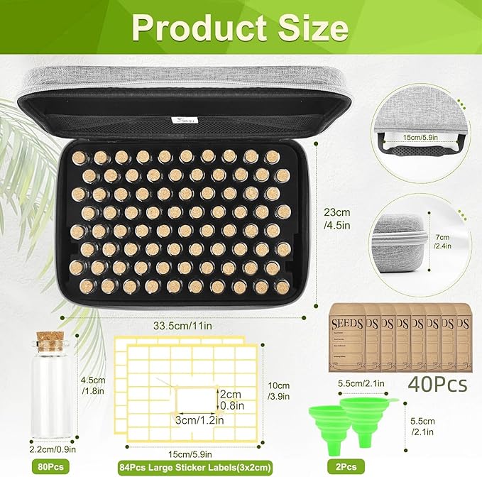 80 Slots Seed Storage Organizer with 40 Seed Envelopes, Sturdy Organizer Storage Box with Label Stickers, Glass Container for Flower Vegetable Garden Seed Saving (Seeds not Included)