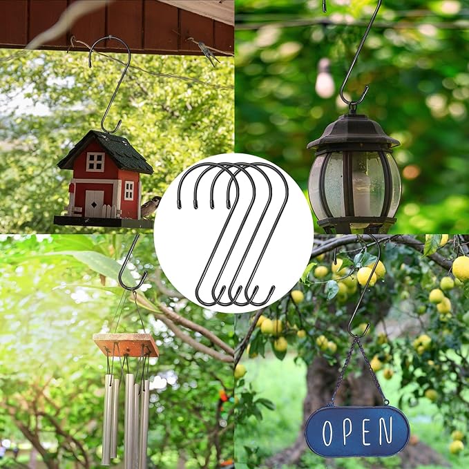 4 Pack 14 Inch Tree Branch Hooks, Extra Large S Hooks for Bird Feeder, Heavy Duty Long S Hook for Hanging Plants, Basket, Lanterns, Patio,Indoor Outdoor Uses(Black)