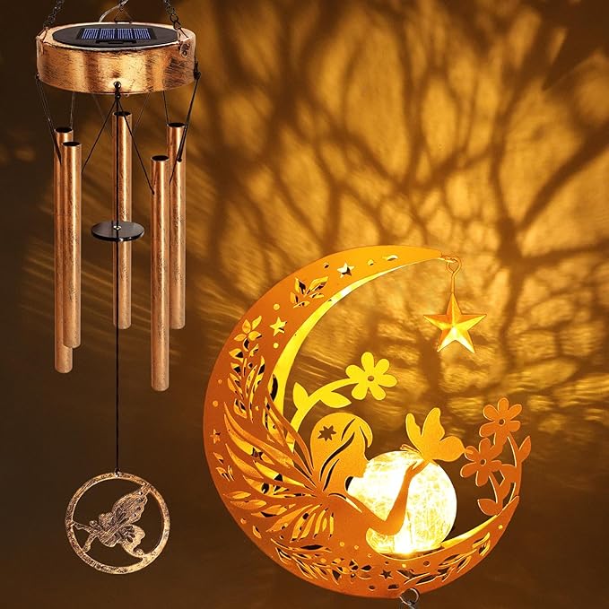 Solar Moon Fairy Wind Chimes, Moon Gifts for Mom Women Men Sympathy Festival Birthday Mothers Day, Hanging Outdoor Decor Cracked Glass Ball Memorial Large Wind Chimes for Garden Patio Porch