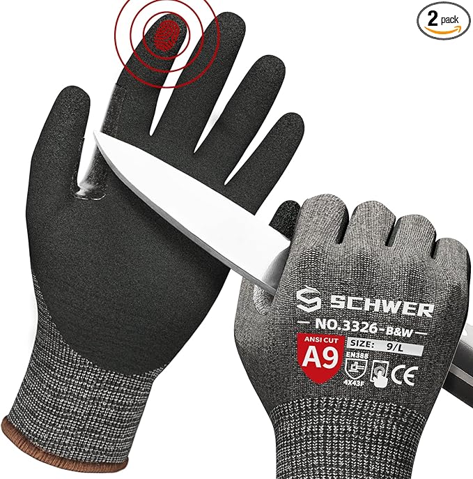 Schwer ProGuard Highest Level Cut Resistant Work Gloves PR3326 for Extreme Protection，ANSI A9 Cut Gloves with Reinforced Thumb, Non Slip, Durable, Touch-screen, Black 2 Pairs（L）