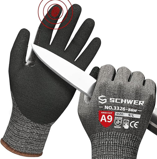 Schwer ProGuard Highest Level Cut Resistant Work Gloves PR3326 for Extreme Protection，ANSI A9 Cut Gloves with Reinforced Thumb, Non Slip, Breathable, Durable, Touch-screen, Black 1 Pair（S）