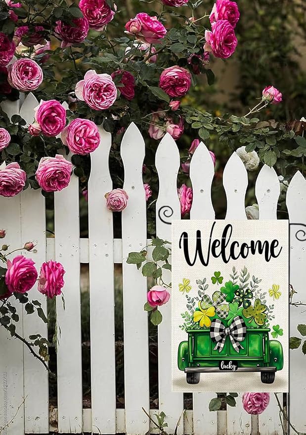 St Patricks Day Truck Garden Flag 12x18 Inch Double Sided Outside Shamrocks Clovers Welcome Yard Flag for Outdoor Farmhouse Holiday Outside Decoration