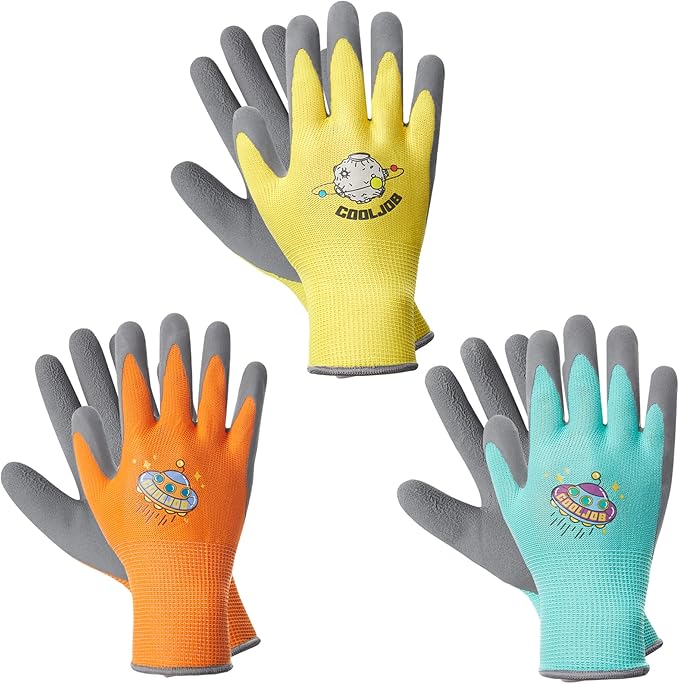 COOLJOB 3 Pairs Kids Gardening Gloves for Age 9-12, Grippy Rubber Coated Garden Work Gloves for Children, Orange & Green & Yellow, Large Size (3 Pairs L/Big Kid)