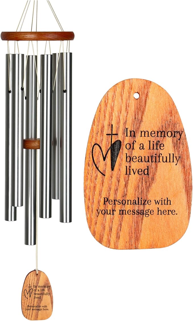 Woodstock Wind Chimes Personalized Amazing Grace Memorial Chime for Outside 24'' Medium Silver Sympathy Customized Heart Cross Inspirational Wind Chime for Outdoor Patio Home Garden Decor (P-AGMS27)