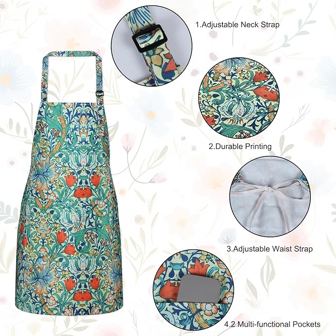 3 Pack Waterproof Floral Aprons for Women, Adjustable Strap Apronwith Pocket Multi-Use for Kitchen, Art, Garden