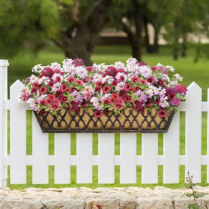 4 Pack 24 Inch Window Boxes Planters Railing Planter Box with Adjustable Brackets for Porch Fence Patio Balcony Hanging Flower Baskets with Coco Liners for Outdoor Garden Decor - Bronze