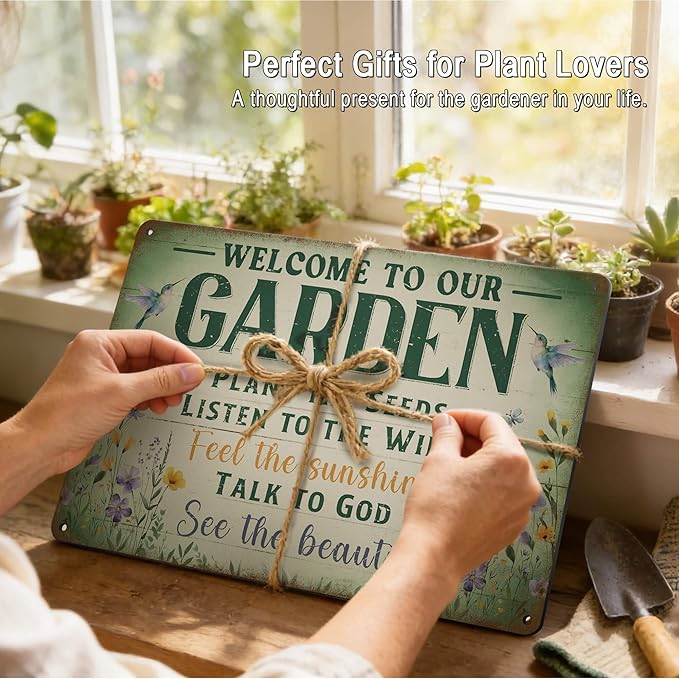 Garden Signs Garden Decor for Outside - Welcome To Our Garden Tin Sign, Vintage Gardening Signs Gifts for Plant Lovers Women Gardeners 12x8 Inch