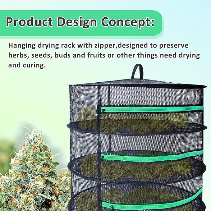 Growsun Herb Drying Rack 8 Layer 2ft Diameter Plant Hanging Mesh Dry Net w/Green Zipper, Free Garden Pruning Shears