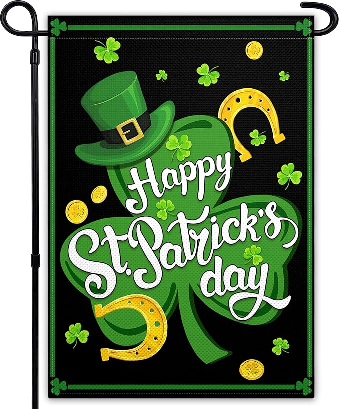 St Patrick'S Day Double Sided Garden Flags 12×18 Happy Shamrocks Garden Flag Clover Hat Gold Coins Flag for Outside Yard House Lawn Outdoor Holiday Sign Decor