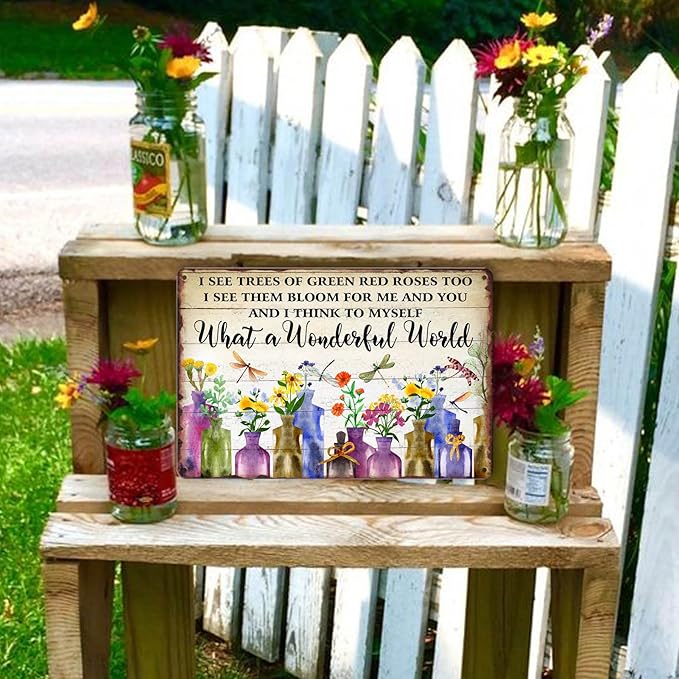 What A Wonderful World Tin Sign Metal Garden Signs For Outside Vintage Flower Market Wall Art Kitchen Metal Tin Sign Flowers I See Trees Of Green Red Roses Too Sign Flower Sign Wall Decor 8x12 Inch