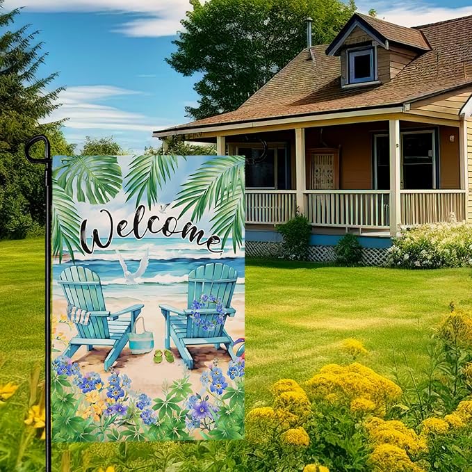 Summer Beach Welcome Garden Flag Nautical Hawaii Coconut Tree Garden Flags Double Sided 12 x 18 Coastal Tropical Yard Flags for Outside Palm Flowers Small Flag Outdoor Decor