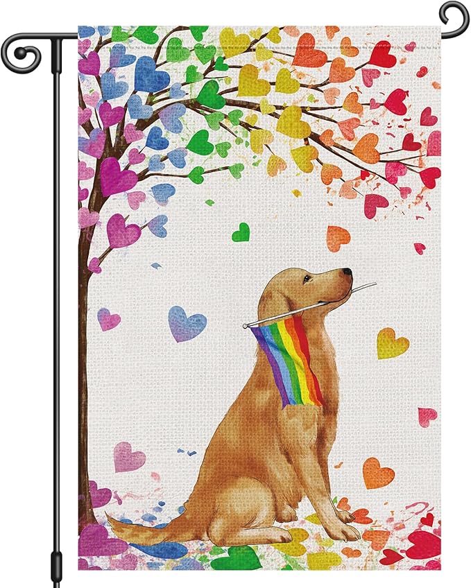 Louise Maelys Golden Retriever Pride Month Garden Flag Rainbow Love Heart Tree 12x18 Inch Double Sided Small Burlap Gay Lesbian LGBTQ Yard Outdoor Sign Outside Home House Decor