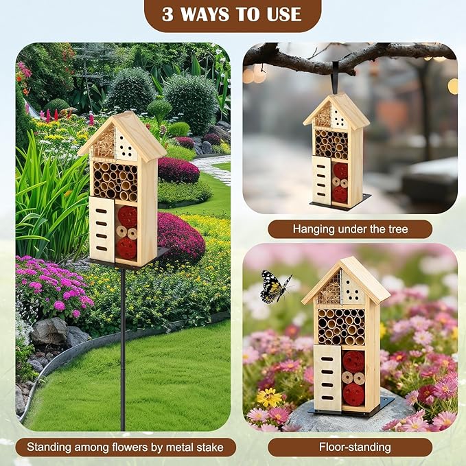 Novabright Wooden Insect House with Metal Stake Insect Hotel Bee House Natural Bug Habitat for Bee Butterfly Ladybirds Beneficial Bug Outdoor Garden Backyard