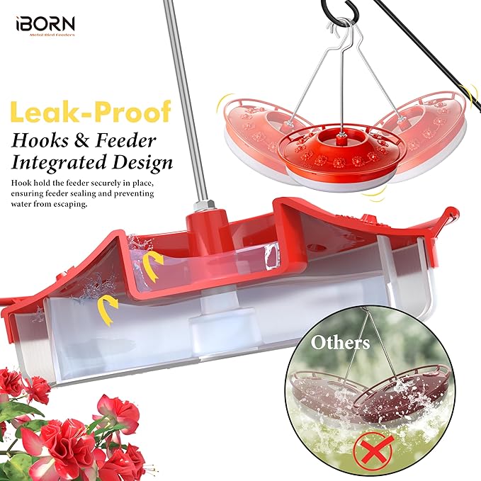 iBorn Hummingbird Feeders for Outdoors Hanging,Bee Proof Hummingbird Feeder with 14 Feeding Ports,13 OZ Saucer Humming Bird Feeders with Ant Moat,Ant Proof No Leak,Easy to Clean and Refill,2 Pack,Red
