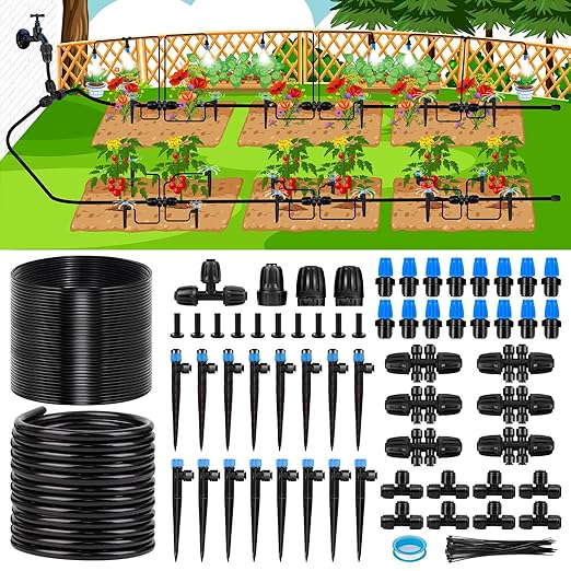230FT New Quick-Connect Drip Irrigation System Kit, Automatic Garden Watering Misting System for Greenhouse, Yard, Lawn, Plant with 1/2 inch Hose 1/4 inch Distribution Tubing and Accessories