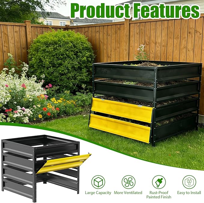 285 Gallon Compost Bin Outdoor, Metal Compost Bins with with Pull-Out Door, Galvanized Steel Sheet, Heavy Duty Composting Bin for Outside Backyard, Garden, Patio, Natural, 41(L)*41(W)*39.4(H) inch