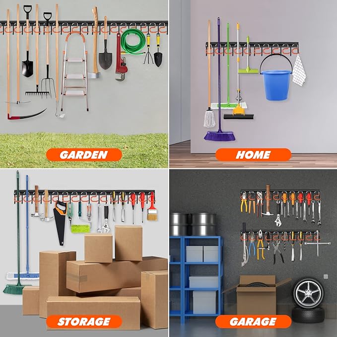 51'' All Metal Garden Tool Organizer Adjustable Garage Tool Organizer Wall Mount Garage Organizers and Storage with Heavy Duty Hooks Tool Hangers for Garage Wall, Shed, Garden