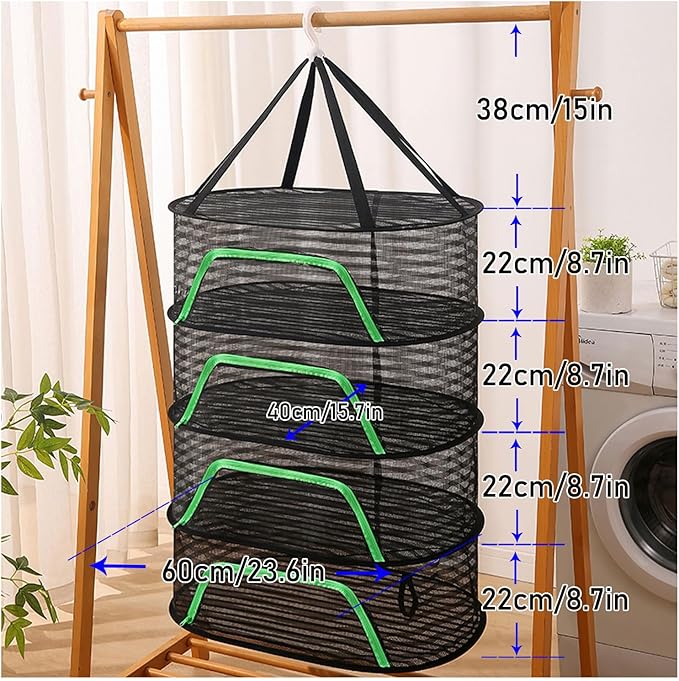 Herb Drying Rack 4 Layer Hanging Design with Green Zippers for Dehydrating, Indoor and Outdoor Pruning Shears Included Plants, Seeds, Buds Outdoor, Hydroponics (Black)
